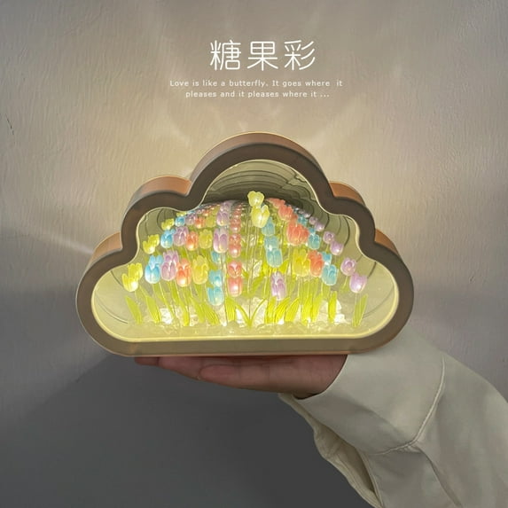 Creative DIY Tulip Cloud Mirror Lamp Flower Sea Night Light Atmosphere Bedroom Sleeping Light Handmade Crafts Birthday Gifts