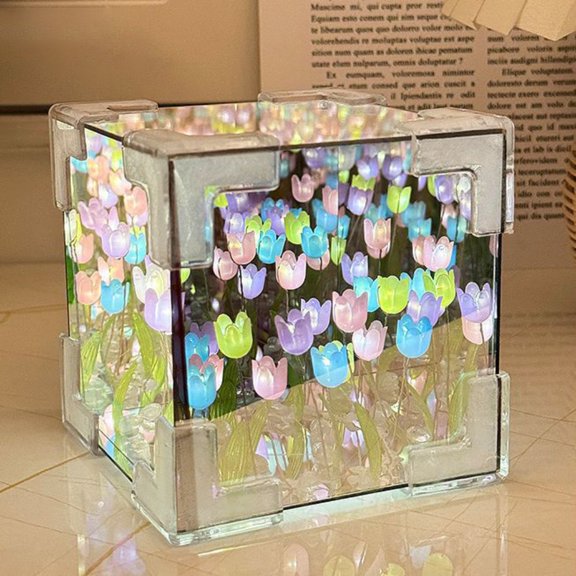 Creative DIY Tulip Night Light Led Decorative Night Lamp Magic Cube Table Lamp and Mirror 2 in 1 for Birthday Gifts Girl Cards