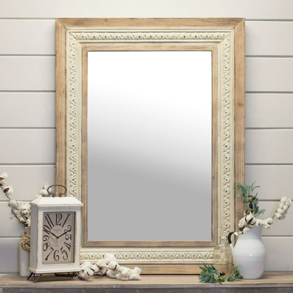 Creative Design 47" White and Brown Distressed Wooden Framed Rectangular Wall Mirror