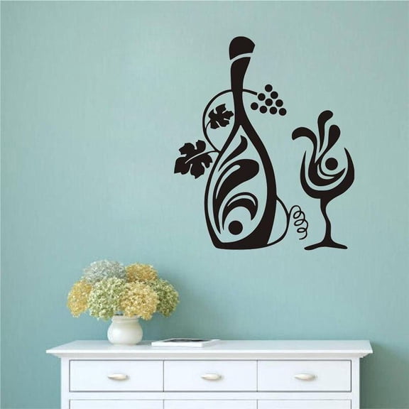 Creative Design Bottle Of Grapevine Wine And A Glass Wall Sticker Floral Wall Decals Kitchen Wall Stickers Living Room Decor 59x70cm