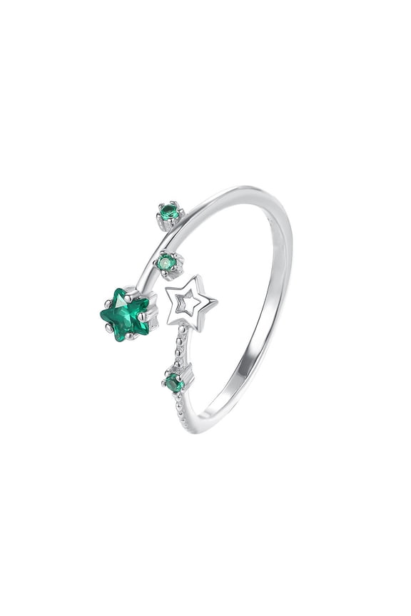 Creative Design Fashion Star Ring for Women, Sweet Green Cubic Zirconia Studded Five-Point Star Adjustable Open Band Finger Ring,Gift Present