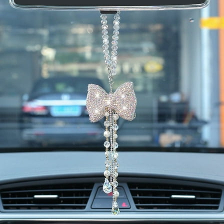 Creative Diamond Bowknot Car Pendant Cute Crystal Tassels Chain Rearview Mirror Ornament Pearl Rhinestone Car Accessories Women