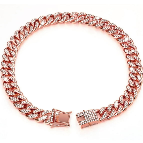 Creative Dog Chain Diamond Cuban Collar Walking Metal Chain Collar with Design Secure Buckle, Pet Cuban Collar Jewelry Accessories for Small Medium Large Dogs Cats, Rose Gold, 18 Inch