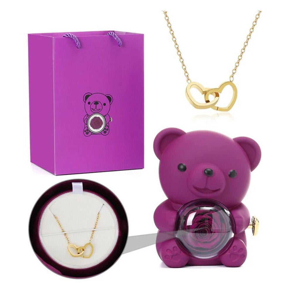 Creative Double Heart Rotatable Teddy Bear Rose Necklace Gift Box ...