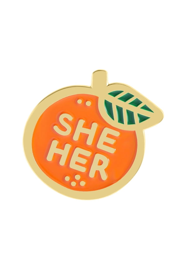 Creative Enameled Pin Featuring Oranges Fruit Design and Gender Pronouns THEY SHE/HER for Fashion Jewelry Accessory