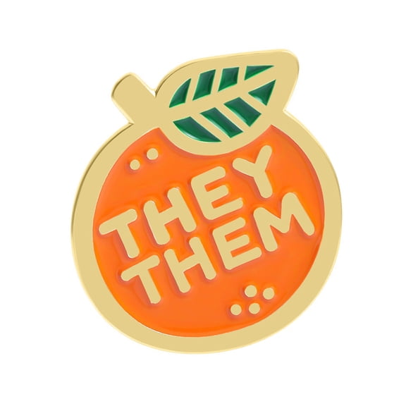 Creative Enameled Pin Featuring Oranges Fruit Design and Gender Pronouns THEY SHE/HER for Fashion Jewelry Accessory