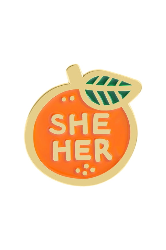 Creative Enameled Pin Featuring Oranges Fruit Design and Gender Pronouns THEY SHE/HER for Fashion Jewelry Accessory