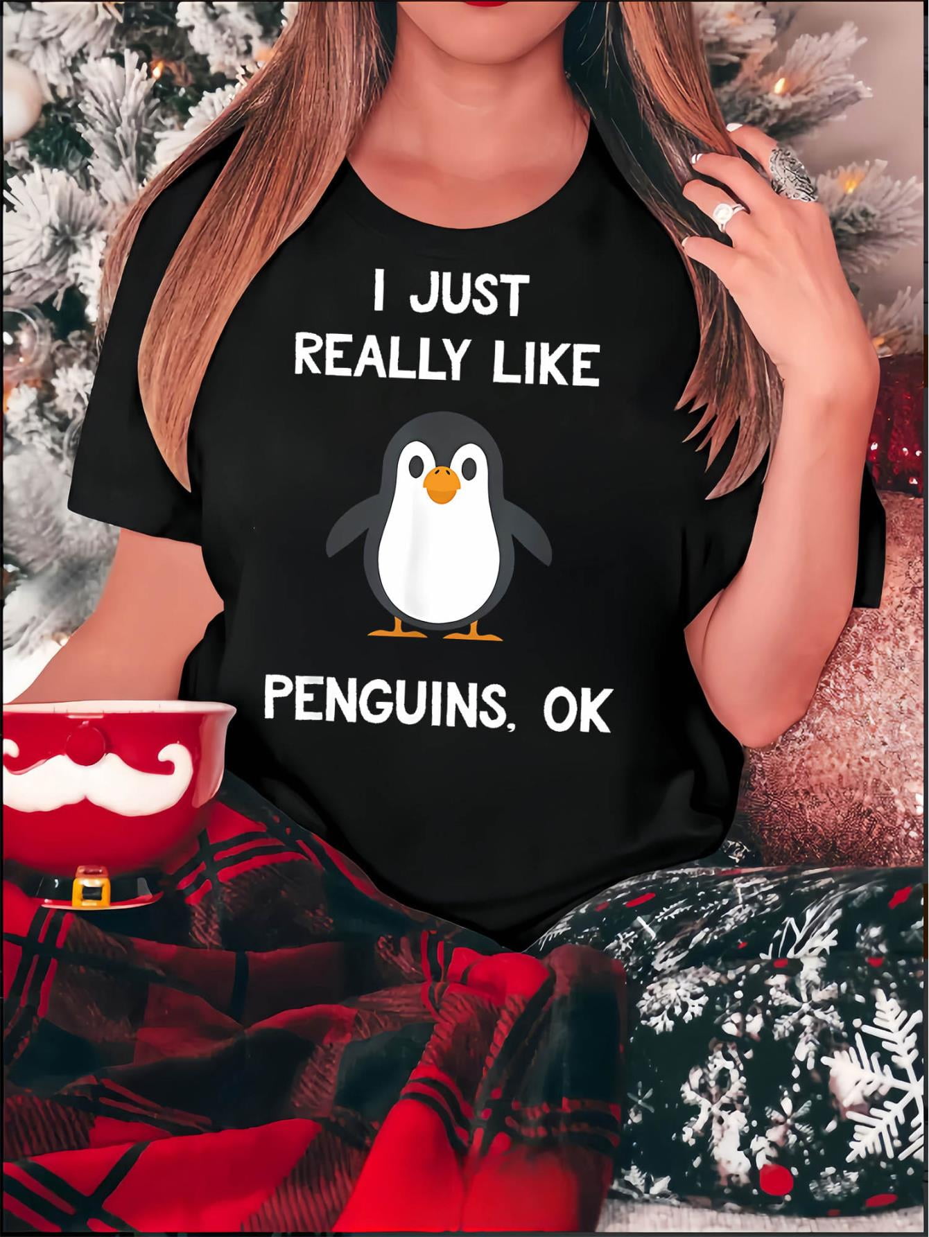 Creative English Penguin Pattern Printed Women'S Fashionable Round Neck