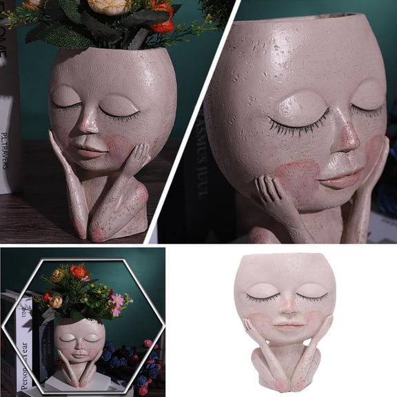 Creative Face Flower Pot Head Planter Pot Succulent Planter Resin Art Statue Sculpture Potted Decorative Ornaments Vase