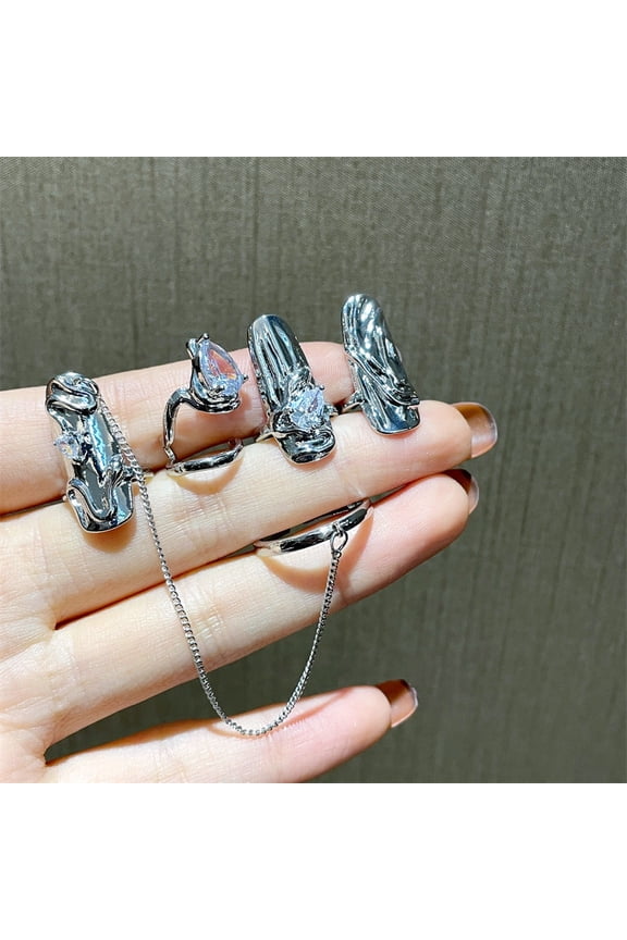 Womens Ring Set Four-Piece Combination Adjustable Opening Geometric Metal Rings Bohemian Retro Stitching Three-Dimensional Decoration Fashion Jewelry Ring Set Gift