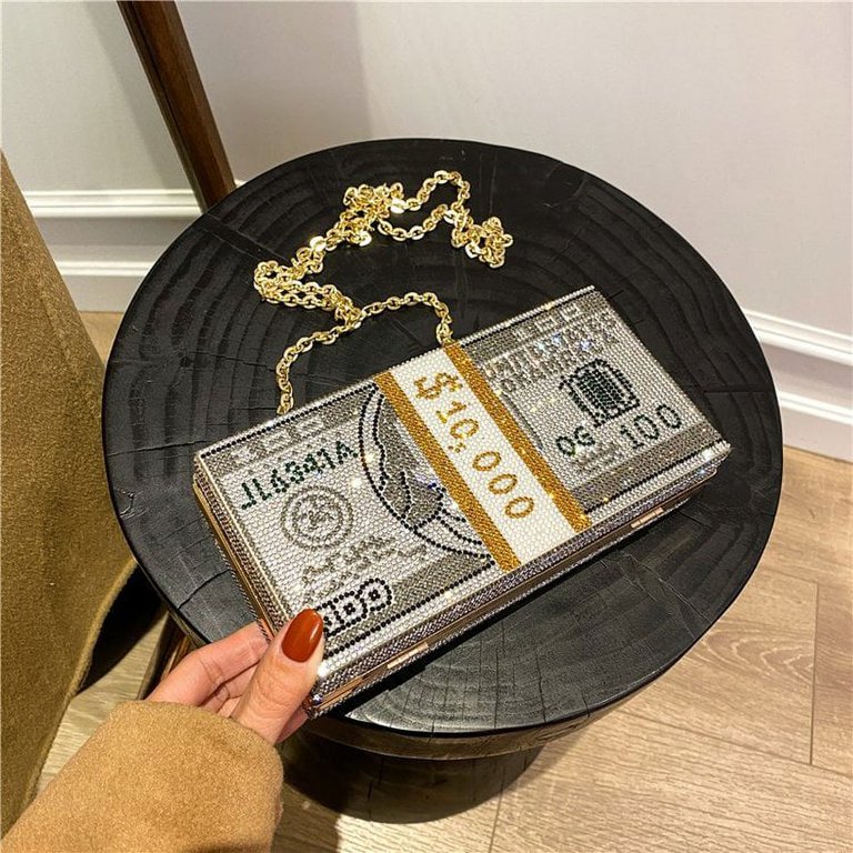 Creative Fashion New Money Clutch Rhinestone Purse 10000 Dollars Stack Bags of Cash Evening Handbags Shoulder Wedding Dinner Bag