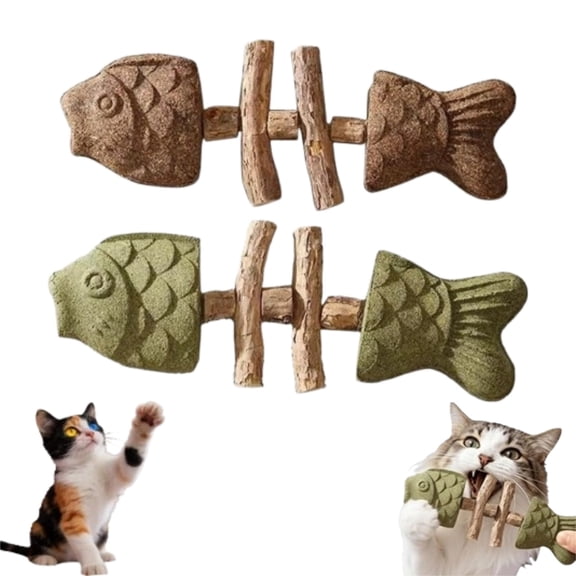 Creative Fish Bone Feline Chew Toy, All-Natural Silvervine & Catnip Wooden Teeth Cleaning Stick, Anxiety Soothing Dental Care Toy for Household Indoor Kittens and Adult Pet Cats (2 Pack)