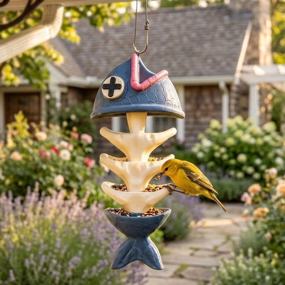Creative Fish Skeleton Hanging Bird Feeder, Creative Fish Bone Bird Feeder Hanging Rack, Decorative Hanging Bird Feeder for Garden, Backyard, Patio & Outdoor Decoration (7.8in)