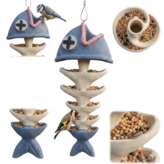 Creative Fish Skeleton Hanging Wild Bird Feeder for Garden and Patio Decor, Blue, 1-Pack