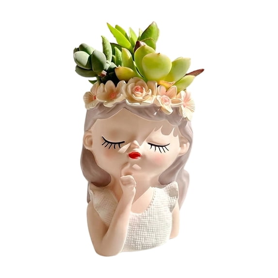 Creative Flower Pot Figurine Cute Girl Head Succulent Planter Decorative Plant Holder for Home Office Desk