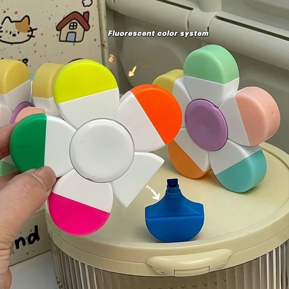 Creative Flower-Shaped Highlighter 5-Color Mini Colored Painting Pen Hand Account Decoration Graffiti Pen Key Point Marking Scrapbooking Finger Spinner Fluorescent Color