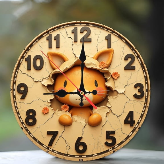 Creative Funny Fox Shaped Wall Clock Decoration 10-Inch Silent Wooden Wall Clock, Battery Operated (AA Batteries Not Included), Artistic Home Decor