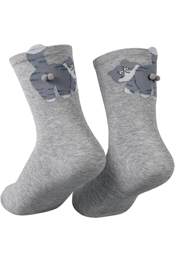 Creative Fuzzy Balls Cats Design Casual Socks，Breathable Stretch Middle Calf Socks For Women Creative Daily Wear Hosiery Gray