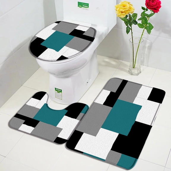 Creative Geometric Bath Mat Set Black White Grey Orange Splicing Pattern Modern Home Bathroom Decor Non-slip Rugs Toilet Cover