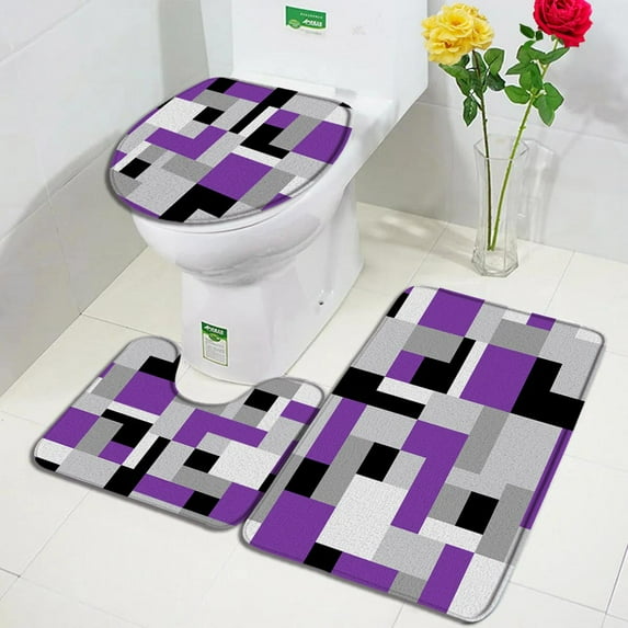 Creative Geometric Bath Mat Set Red Grey Black White Splicing Pattern Modern Bathroom Decor Carpet Non-slip Rug Toilet Lid Cover