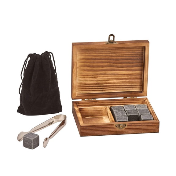 Creative Gifts 069407 Wood Box with Tongs, 9 Whiskey Stones & Pouch