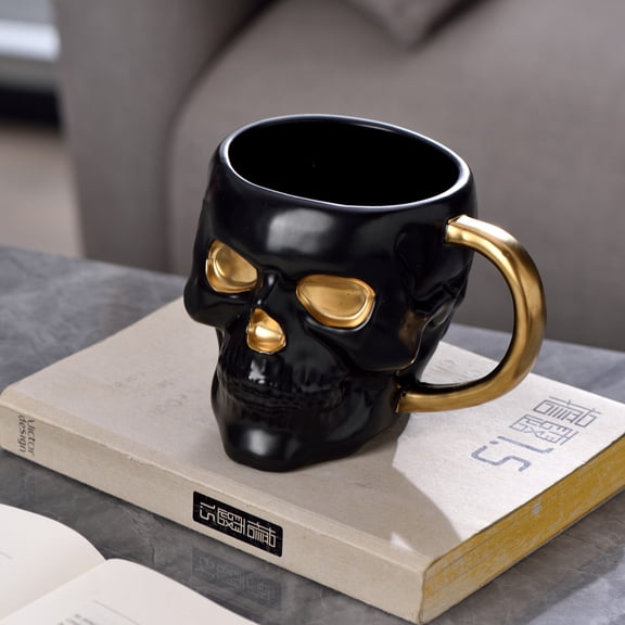 Creative Gothic Novelty Skull Mug , Coffee Tea Cup ,Ceramic Milk Tea Cup Breakfast Morning Mug Water cup-18.6 oz(black)
