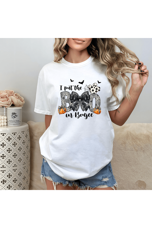 Creative Graphic Tee,Tops Has"I Put The Boo In Boujee"Letter With Spider webs, bats and bows Pattern,Round Neck Regular Fit T-shirts, Size(S-5XL)