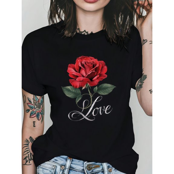 Creative Graphic Tee,Tops Has Red Rose and'love' Script,Round Neck Regular Fit T-shirts, Size(S-5XL)