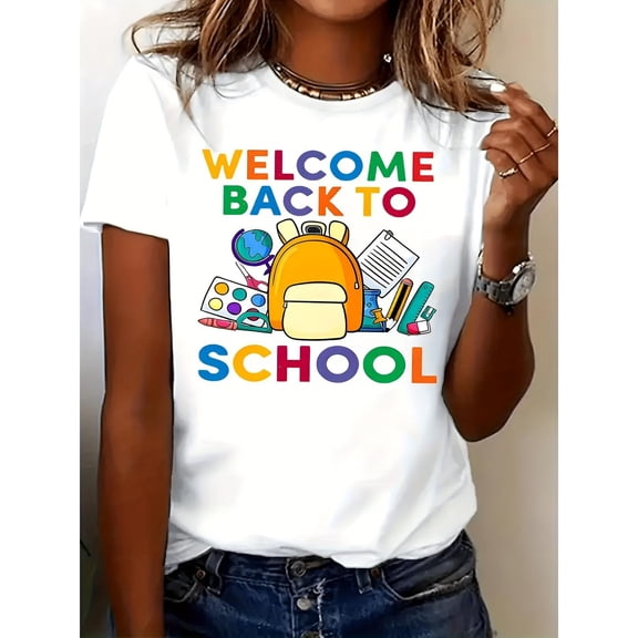 Creative Graphic Tee,Tops Has"Welcome Back To School"Text With Rainbow Text & Backpack Design,Round Neck Regular Fit T-shirts, Size(S-5XL)