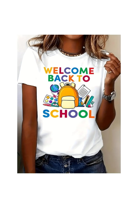 Creative Graphic Tee,Tops Has"Welcome Back To School"Text With Rainbow Text & Backpack Design,Round Neck Regular Fit T-shirts, Size(S-5XL)
