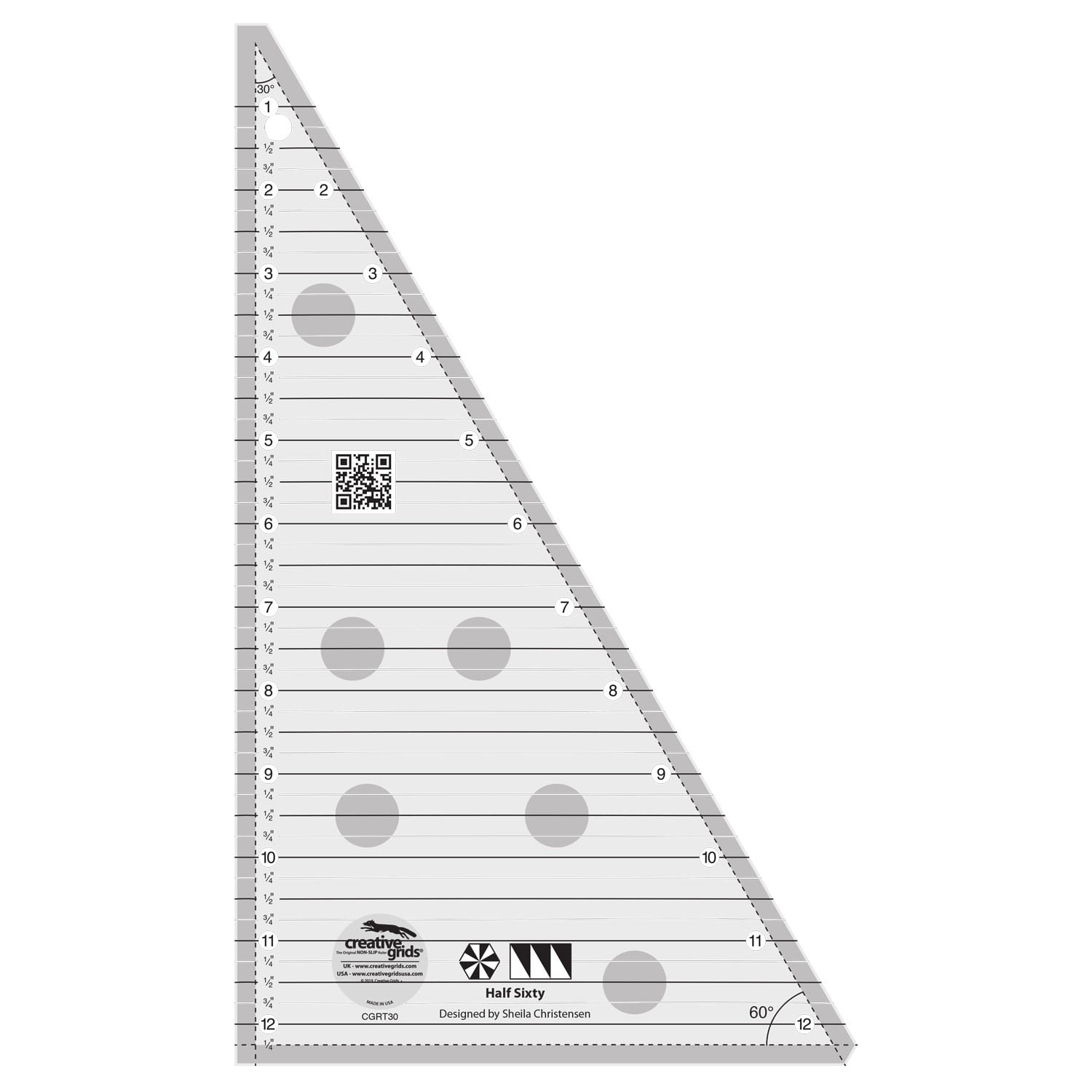 Creative Grids Half Sixty Triangle Acrylic Quilting Ruler Template, 12.5  Tall cgrT30 