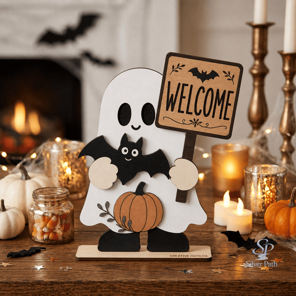 Creative Guts Co. Wooden Block Halloween Ghost Welcome Wood Shelf Sitter for Halloween Decor