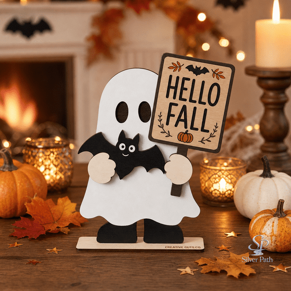 Creative Guts Co. Wooden Block Halloween Ghost and Bat Wood Shelf Sitter for Fall Tabletop Decor