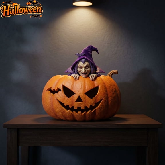 Creative Halloween Inside Jack O Lantern Resin Figurine, Spooky Pumpkin Witch Tabletop Statue Ornament, Halloween Decorations For Mantel Shelf Porch Desktop Party Display Holiday Gift