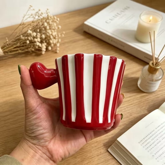 Creative Hand-Painted Striped Heart Handle Ceramic Coffee Mug Set - Unique Couple Mugs for Romantic Moments