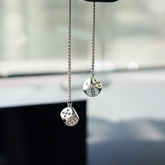 Creative Hanging Dice with Dots Car Metal Pendant Rear View Mirrors Charms Ornament (Silver) Silver