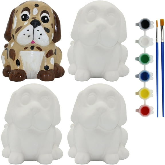 Creative Hobbies 4 Pack of Ready to Paint Ceramic Bisque Dog Piggy Banks for Kids  Complete DIY Kit with Paint, Brushes & How to Guide