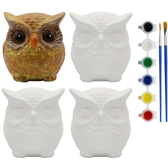 Creative Hobbies 4 Pack of Ready to Paint Ceramic Bisque Owl Shape Figurines - Includes Paint, Brushes and How to Guide | Owl