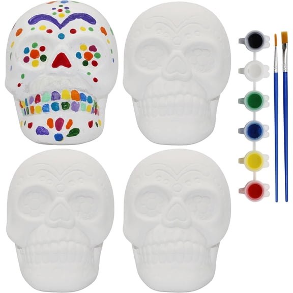 Creative Hobbies 4 Pack of Ready to Paint Ceramic Bisque Sugar Skull Shape Figurines - Includes Paint, Brushes and How to Guide | Sugar Skull