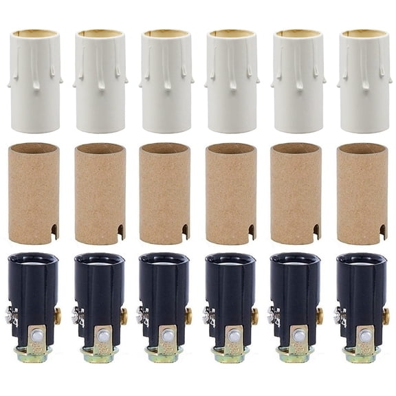 Creative Hobbies Chandelier Lighting Fixture Socket Kit, Candelabra E-12 Sockets with Cardboard Insulators and 1 3/4-Inch Tall White Drip Candle Cover Sleeves, Set of 6