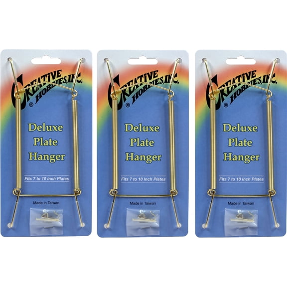 Creative Hobbies Deluxe Plate Display Hangers, Spring Style, Expandable to Hold 7 to 10 Inch Plates- Gold Wire Spring Type, Hanger Hooks & Nails Included -Pack of 3 Hangers