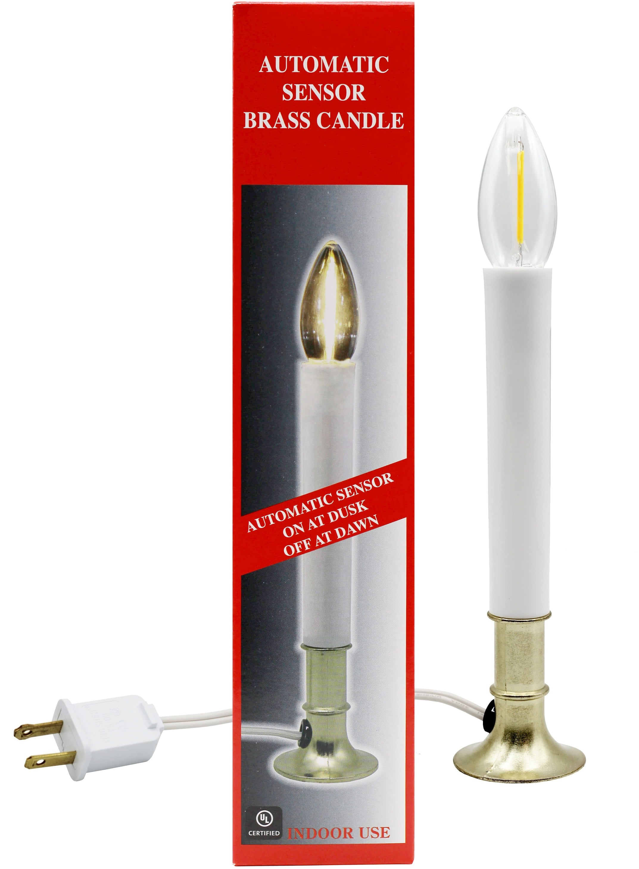 Creative Hobbies Electric Window Candle Lamp with LED Bulb, Brass Plated Base, Dusk to Dawn Sensor Turns Candle on in Dark and Off in Light, Ready to Use! (LED)