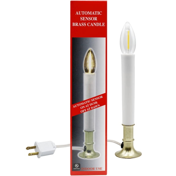 Creative Hobbies Electric Window Candle Lamp with LED Bulb, Brass Plated Base, Dusk to Dawn Sensor Turns Candle on in Dark and Off in Light, Ready to Use! (LED)