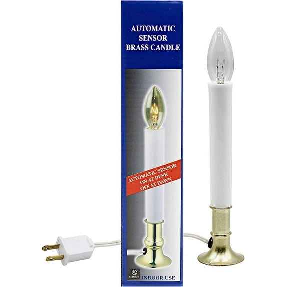 Electric Window Candle Lamp with Brass Plated Base, Dusk to Dawn Sensor Turns Candle on in Dark and Off in Light, Ready to Use!