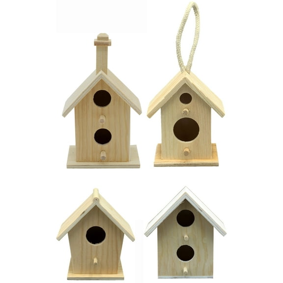 Creative Hobbies Mini 4 Inch Tall Birdhouse, Set of 4 Styles, Unfinished Wood Ready to Paint or Decorate
