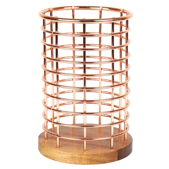 Creative Home - 50238 Creative Home Deluxe Acacia Wood and Iron Wire Cooking Utensil Holder Tool Crock for Kitchen Countertop Organizer, 5-1/8" Diam. x 7-1/2" H, Copper Finish