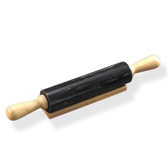 Creative Home Deluxe Natural Black Marble 18" Length Rolling Pin with Wooden Cradle and Handles, Black