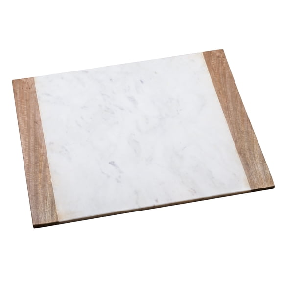 Creative Home Genuine Off-White Marble with Mango Wood 16" x 20" Pastry Board, Serving Plate