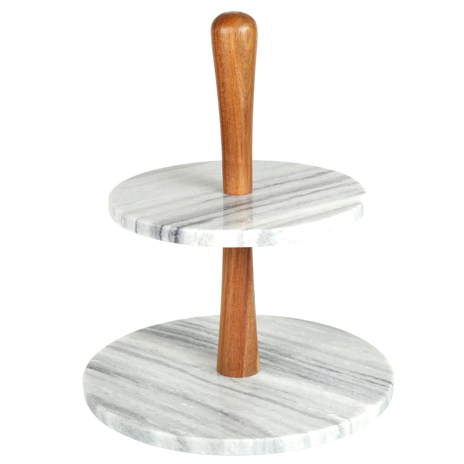 Gray Marble and Acacia Wood 2-Tier Round Cake Stand