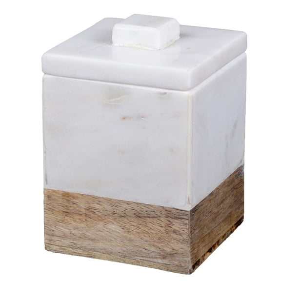 Creative Home Natural Marble and Mango Wood Cotton Ball Swab Holder, Bathroom Countertop Organizer, 3" x 3" x 4-3/8" H, Off-White (patterns may very)